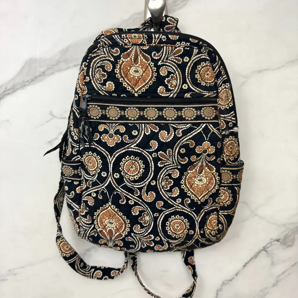 Vera Bradley Backpack Cafe Latte Cotton Quilted Paisley School Travel Black